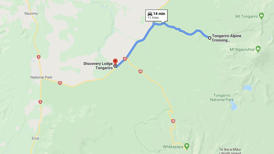 Google map showing Discovery Lodge & The Alpine Co in relation to the Mangatepopo start of the Crossing.