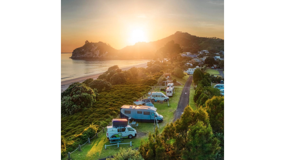 Powered campsites and the Sea View Villas on the beachfront catch the sunrise, is there a better view to wake up to?