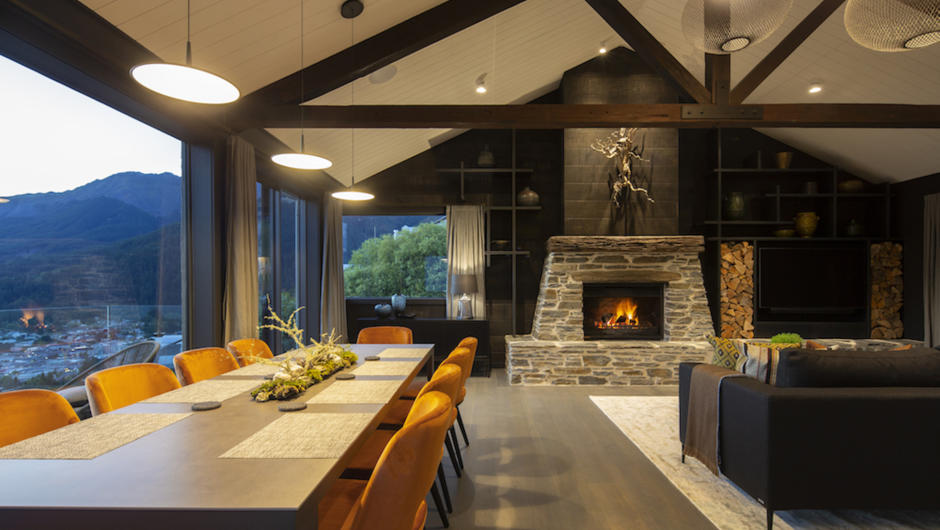 Dining living area with open fireplace