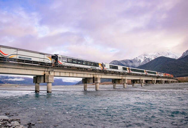 One of the world’s great train journeys, travelling from coast to coast on New Zealand's South Island taking in the vast Canterbury Plains, spectacular Southern Alps and wild West Coast.