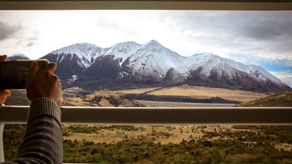 Snap shot of Mount Binser from the TranzAlpine Open-air Viewing Carriage.
