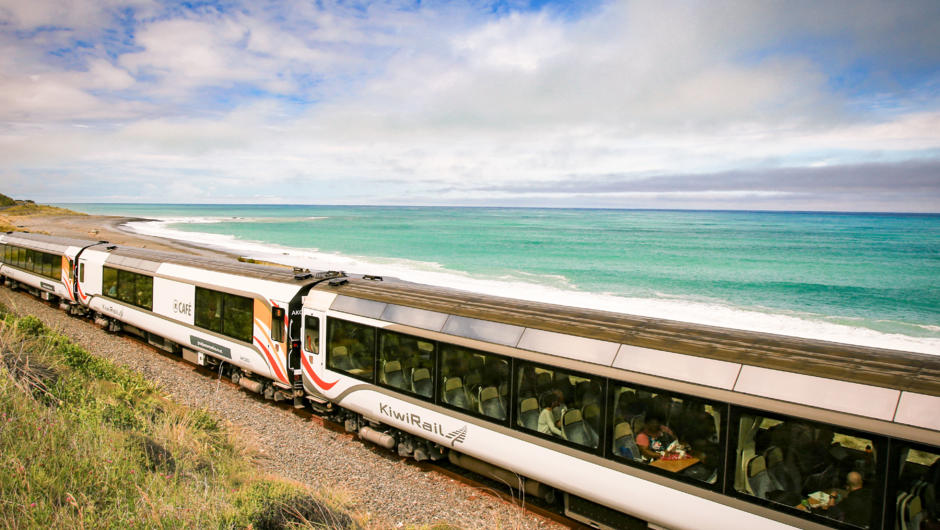 A picture of serenity as passengers glide along the Kekerengu coast aboard Coastal Pacific