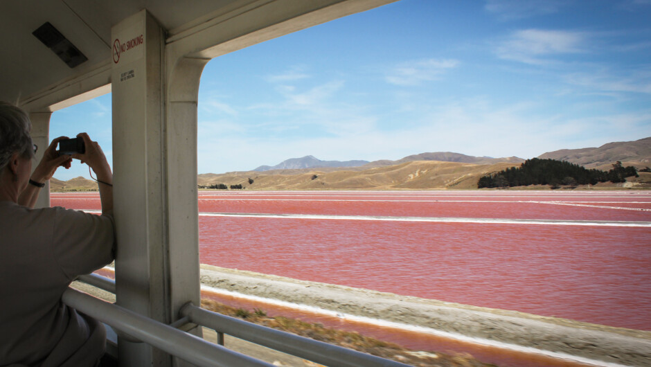 Snapshot of an alien world, as the Coastal Pacific train passes through the middle of a salt farm at Lake Grassmere.