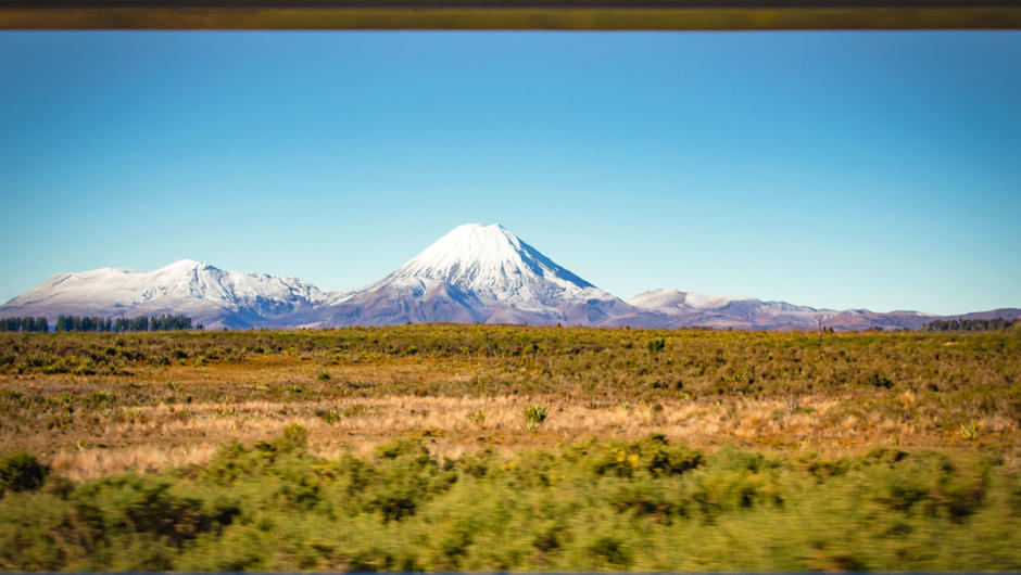 View of Mount Tongariro and volcanic cone of Ngauruhoe from the Northern Explorer's Open-air Viewing Carriage
