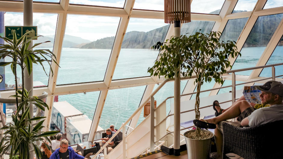 Airy views from the lofty Lookout Lounge aboard Interislander&#039;s &quot;Kaitaki&quot; ferry