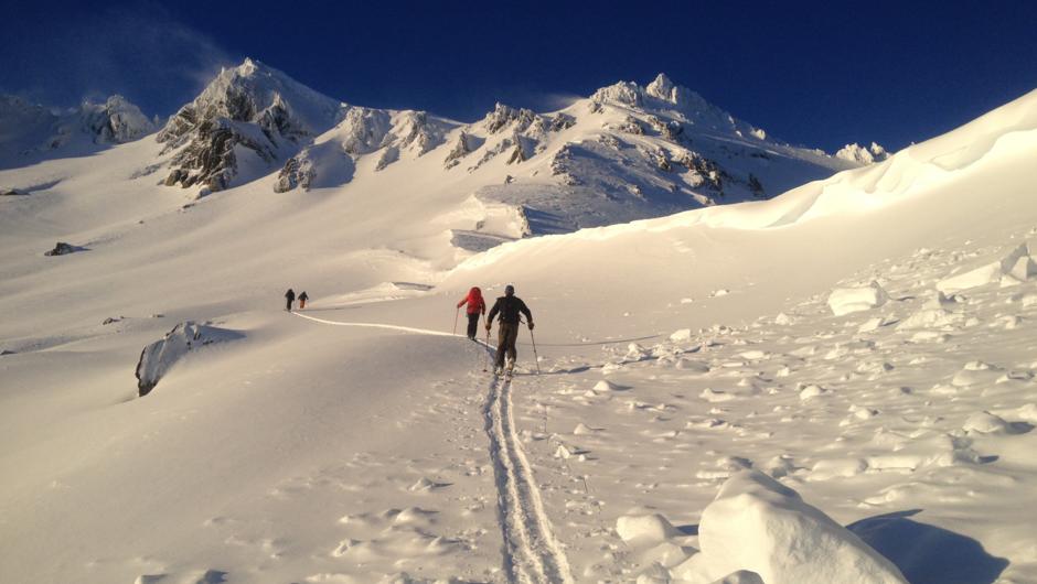 Ski touring in the early morning.
