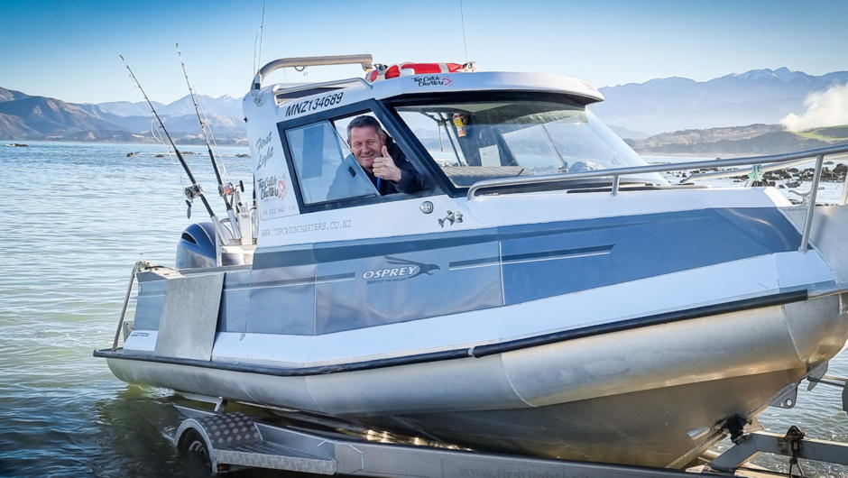 Top Catch Charters Kaikoura&#039;s purpose built 6.2m Osprey Boat, “First Light”.