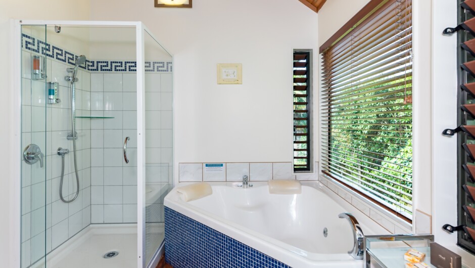 The Treetops and The Palms : Ensuite with double spa bath and shower.