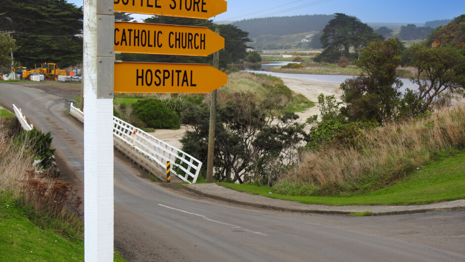 The iconic signage at Waitangi Bay