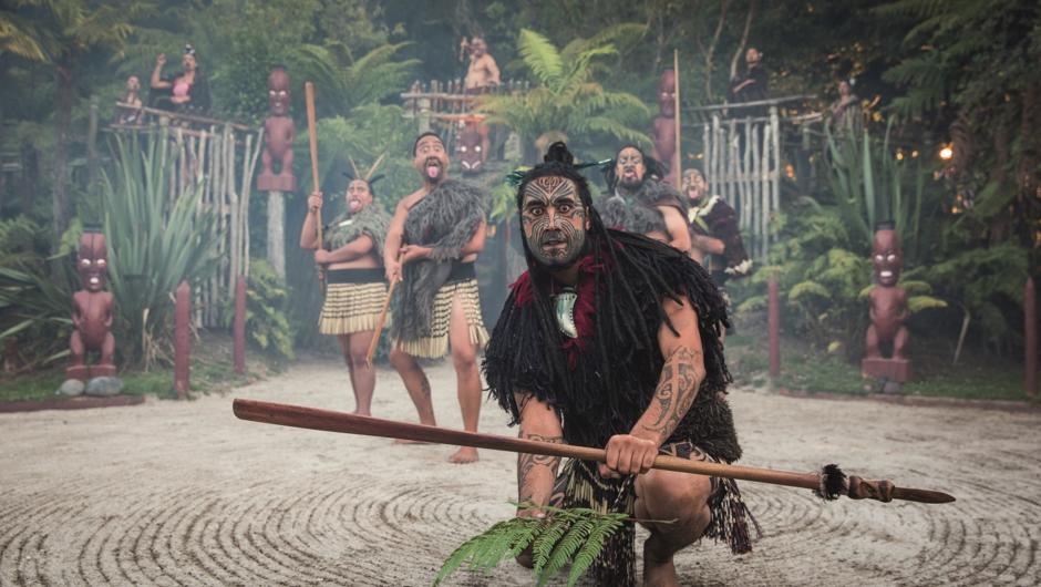 Traditional welcome ceremony at Tamaki Māori Village