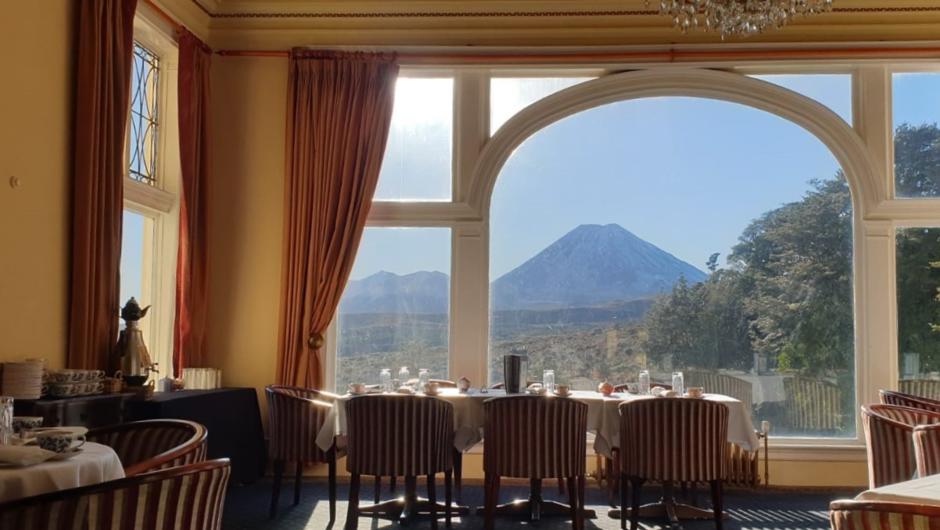 View to Mt Ngauruhoe from The Dining Room of the Chateau Tongariro
