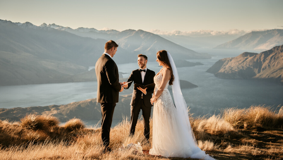 Beautiful sunset Heli-Wedding Elopement at Coromandel Peak (Also known as Roys Peak) in Wanaka, New Zealand.