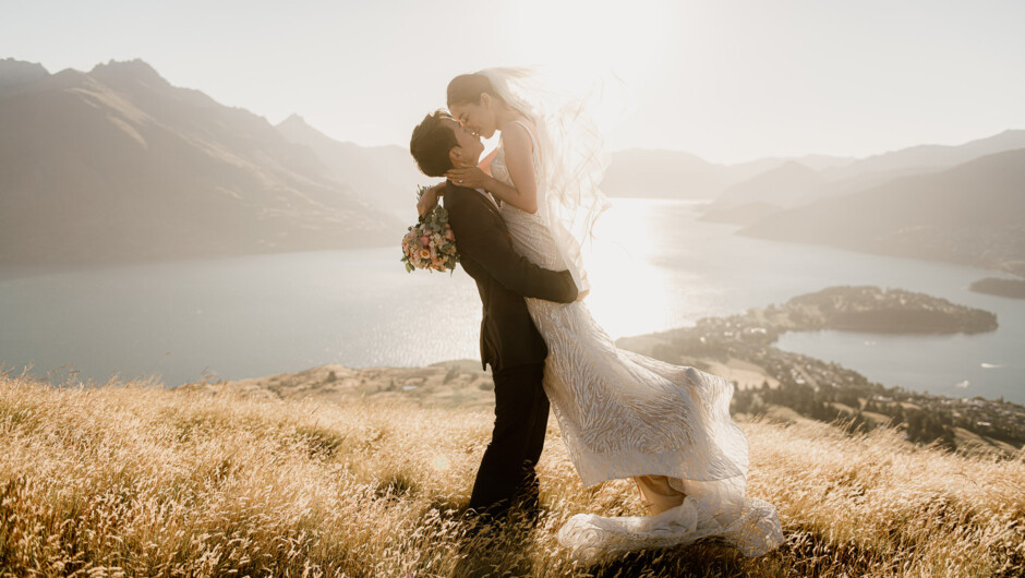 Heli-Wedding Elopement at Deer Park Heights, with a beautiful sunset in Summer.