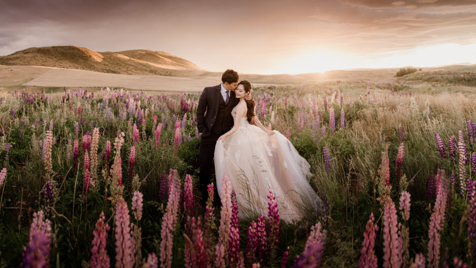 Elopement Wedding at Lake Tekapo, surrounded by colourful lupins during sunset.