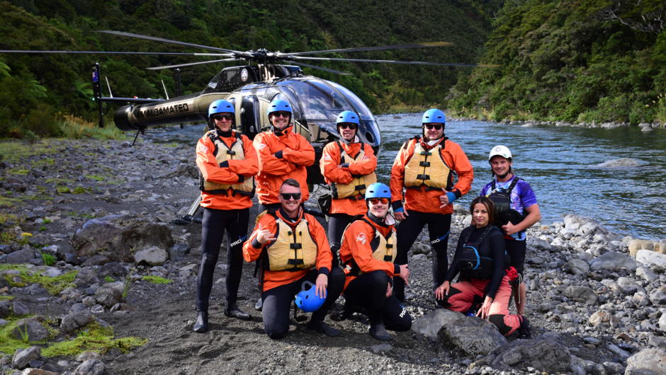 Helicopter access wilderness rafting tours, beginning at Amalgamated Helicopters in Carterton, we fly all customers, guides and river equipment into Totara Flats of the Waiohine River, we then raft down 17 kilometres of grade 2 + rapids, including rock ju
