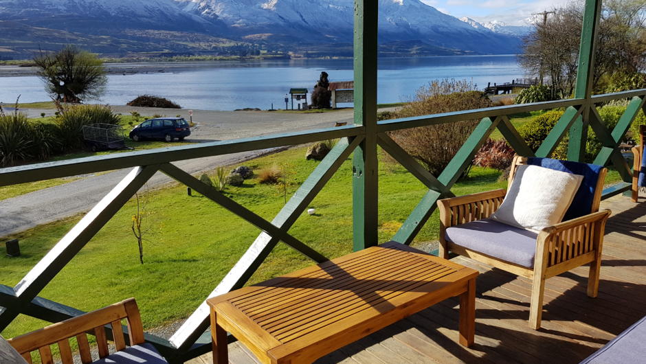 Heritage Lodge terrace with view of Lake Wakatipu and mountains