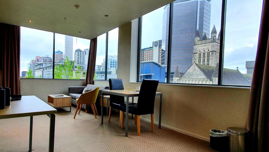 one bedroom apartment with sky tower view