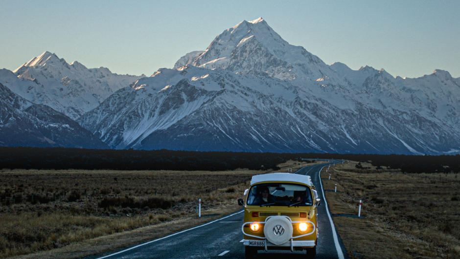 VW Kombi Campervan at Aoraki / Mount Cook in the South Island of New Zealand.