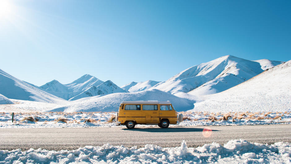VW Kombi Campervan at Lindis Pass in the South Island of New Zealand.