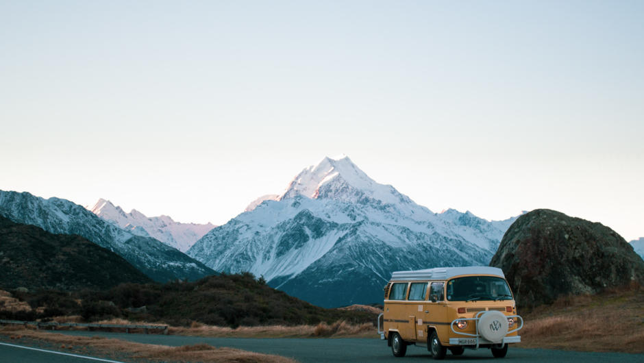 VW Kombi Campervan at Aoraki / Mount Cook in the South Island of New Zealand.