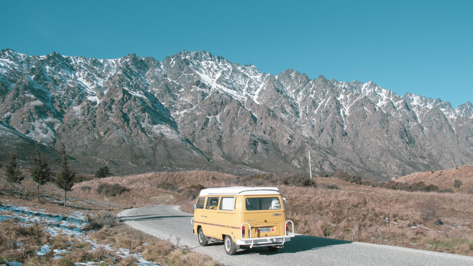 VW Kombi Campervan at The Remarkables, Queenstown in the South Island of New Zealand.