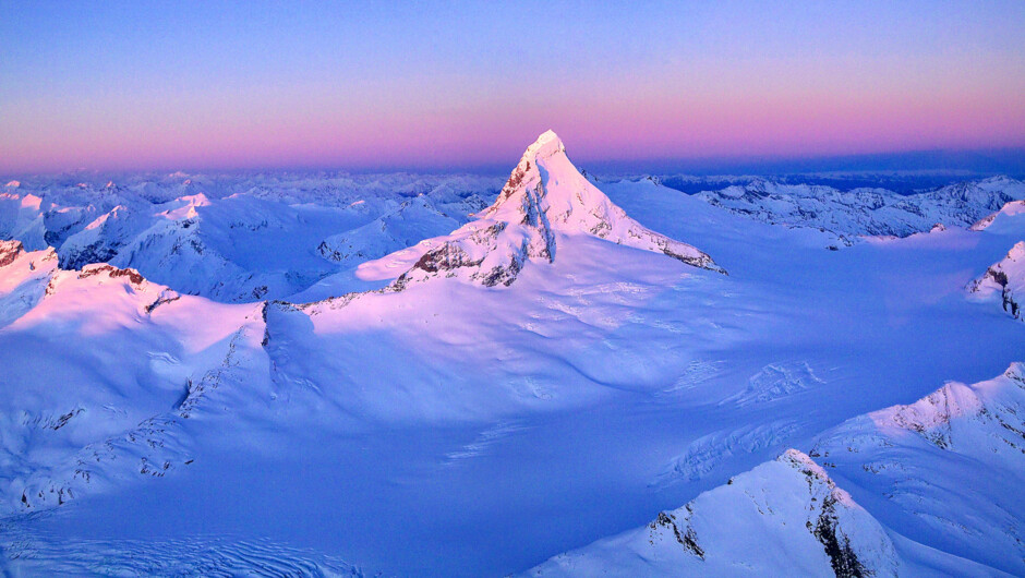 Stunning alpine vistas on the heli flight across the Southern Alps.