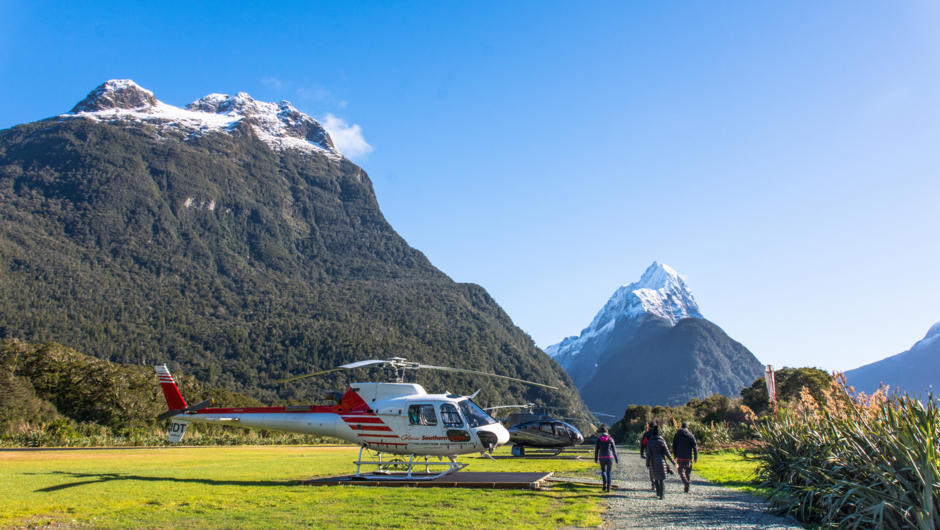 Mitre Peak watches over the landing pad at Milford Sound Airport.