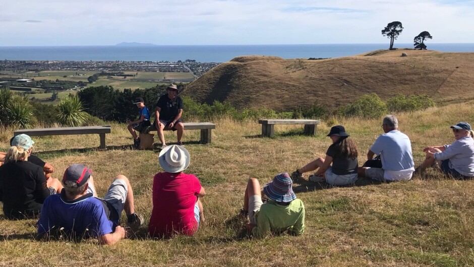 The spectacular view from the top of the Papamoa Hills adds context to the kōrero.