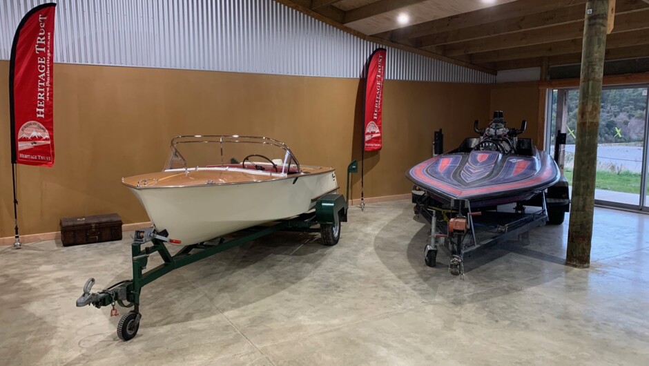 Restored Jet 30 (serial #5), the first production jet boat produced by Hamilton Marine (L) and 'Going Places' the first jet boat in NZ to reach 100mph