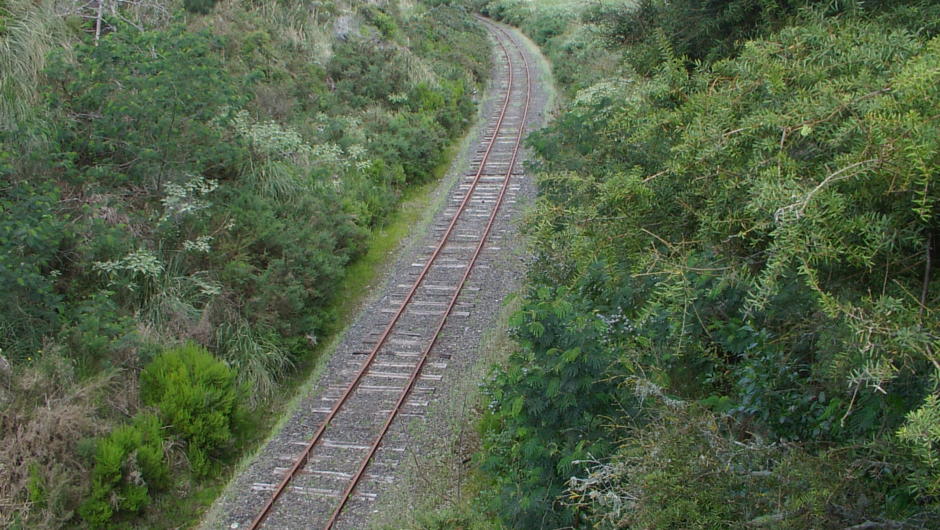 Birds-eye view of the rail line.