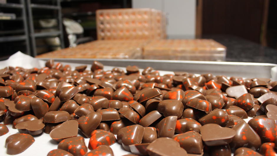 Chocolates fresh off the production line at the Kapiti Chocolate Factory.