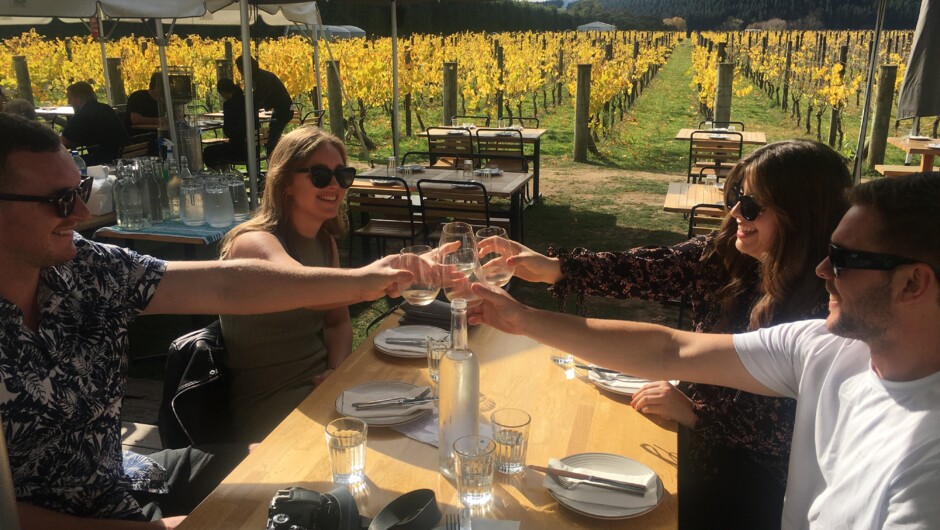 Cheers. Good friends enjoying wines at Moy Hall Winery Martinborough.