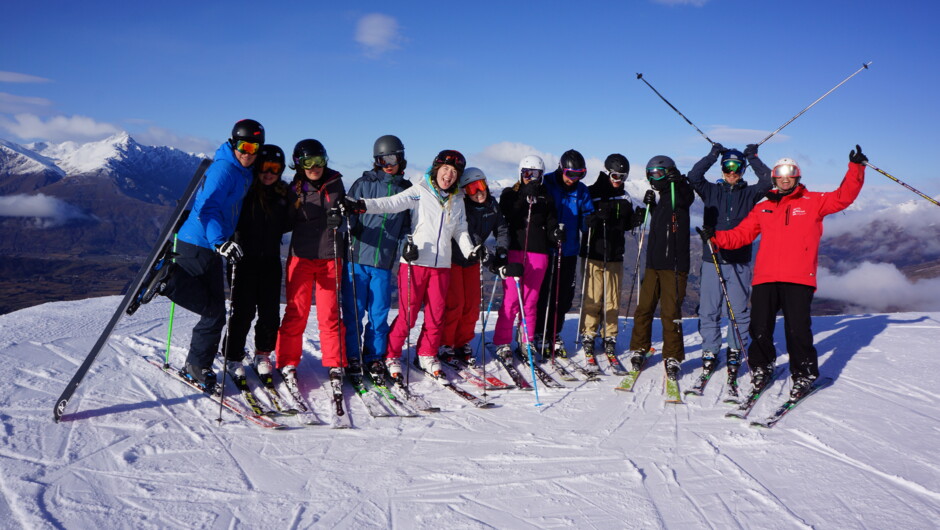 Group of trainee ski instructors enjoying the mountains