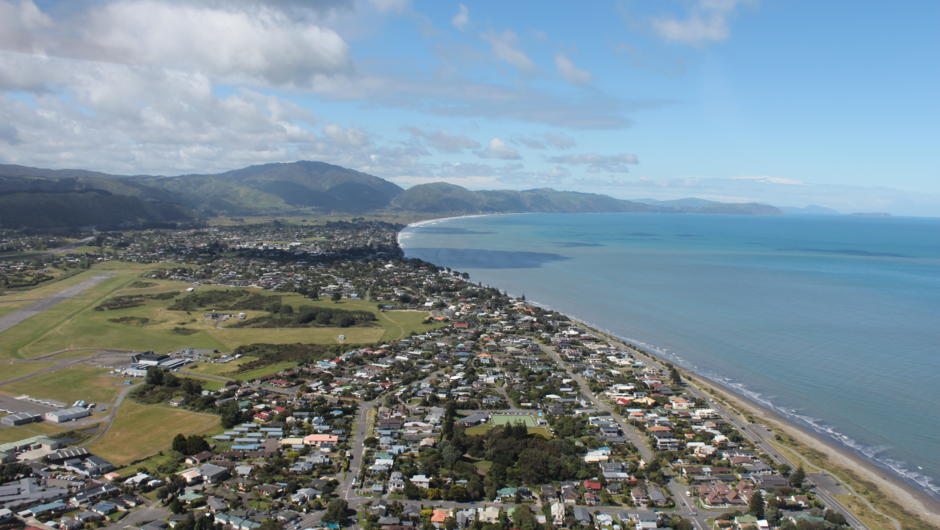 View looking south down the Kapiti Coast onboard the  Kapiti Heliworx Helicopter.