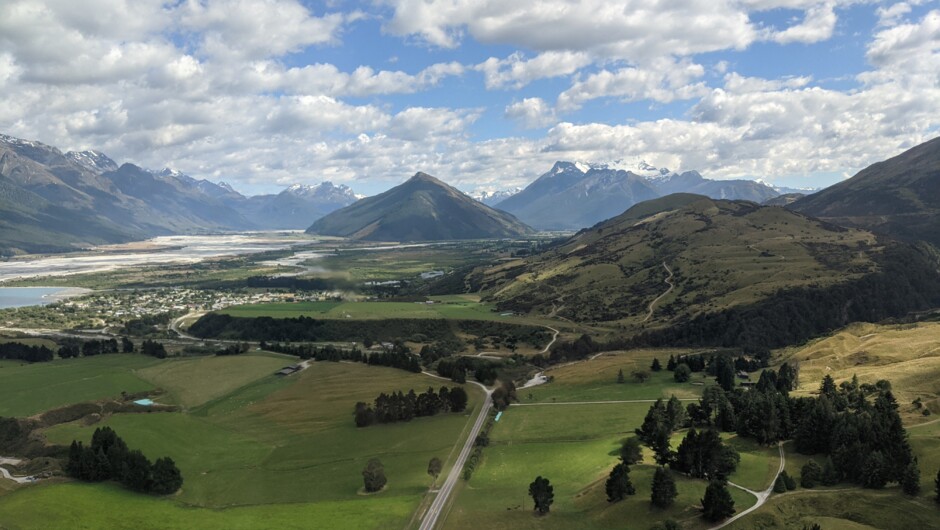 Looking out of the Heli over Glenorchy, Paradise and Reese Valley, on the way to Mt Larkins