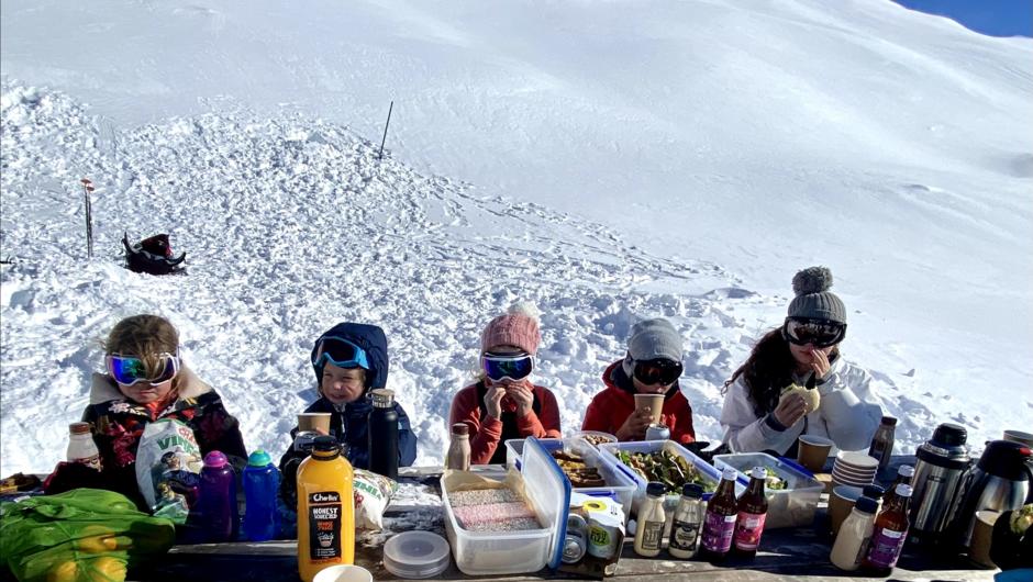 Hungry Snowshoers filling up with a fully catered lunch