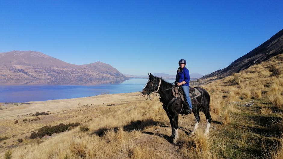 Horseback Holiday riding the south island NZ overlooking Lake Ohau Mckenzie Aoraki dark sky reserve.