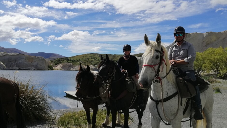 Horseback Holiday NZ South Island.  Arriving at the St Bathans Blue Lake Central Otago.