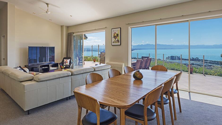 Spacious dining-living area with sumptuous views of Tasman Bay