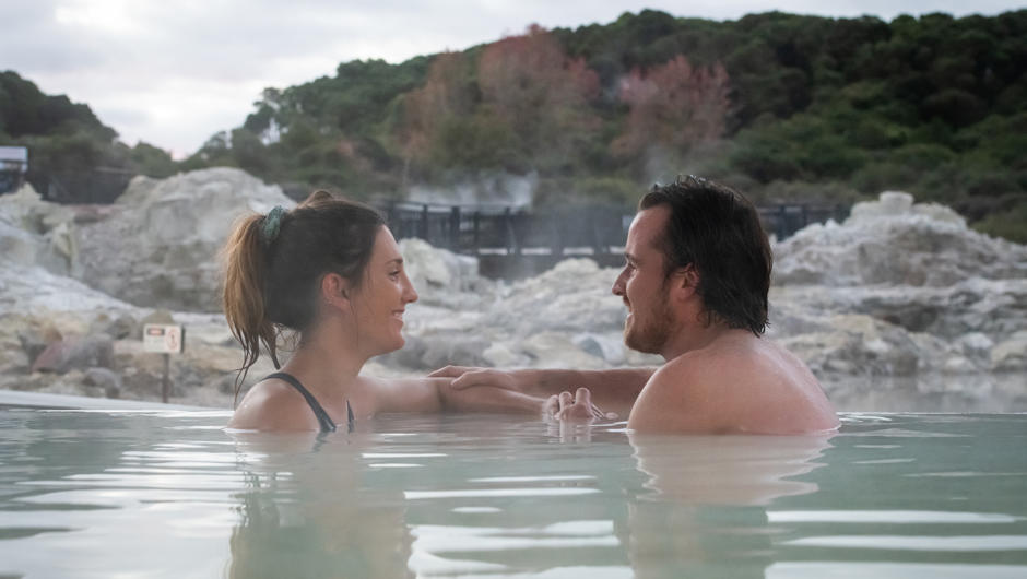 Unwind and recharge during your geothermal mud bath and spa experience and enjoy the sounds of the mineral spring-fed waterfall as you overlook Rotorua’s most active geothermal reserve.