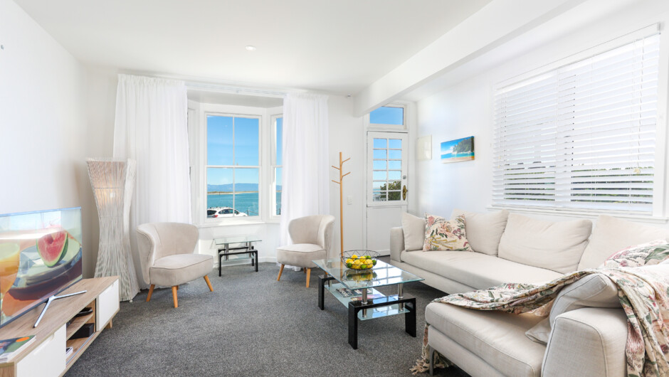 Living area with views over the Nelson Harbour entrance