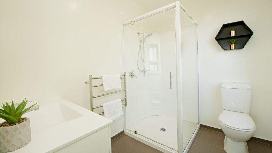Master ensuite bathroom, tiled. With Shower, Toilet & Vanity.