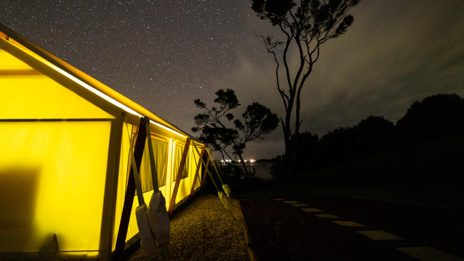 Wainui Seaside Glamping Tent: Starry Nights - breathtaking views of a starry night with Ohope Beach street lights in the distance.