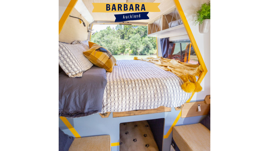 Barbara is a funky bach-on-wheels for two people (and their dog) perfect for exploring Aotearoa in style and comfort. With her fresh, happy colours and bee theme she’s not just fun but functional too with some clever and luxurious features.