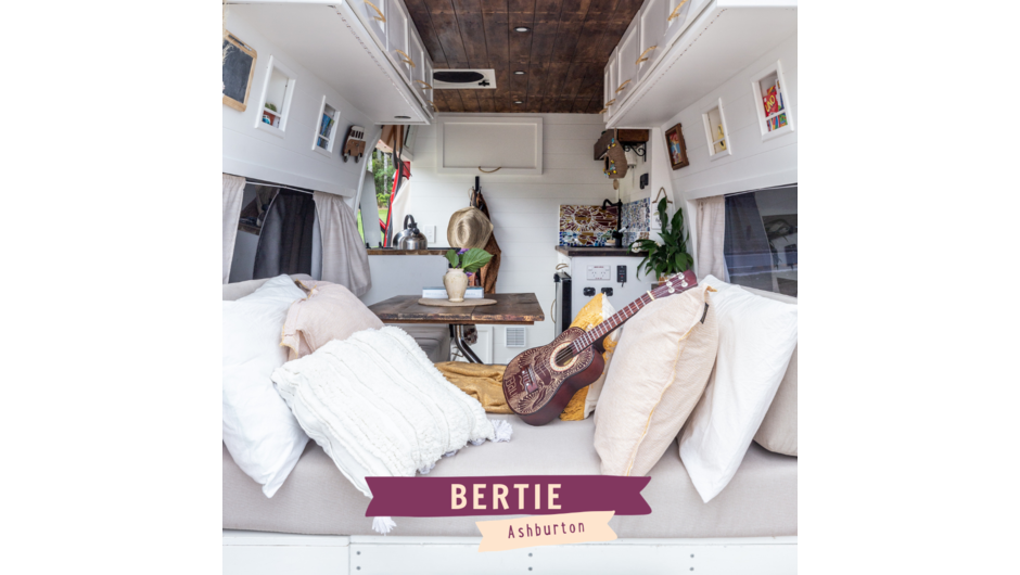 Bertie is a gorgeous campervan with a laid-back vibe, an artist’s touch and a really clever layout. She’s packed full of features yet feels spacious, light and airy. Cook up a storm with the luxury of a gas hob and oven, then entertain the neighbours too 