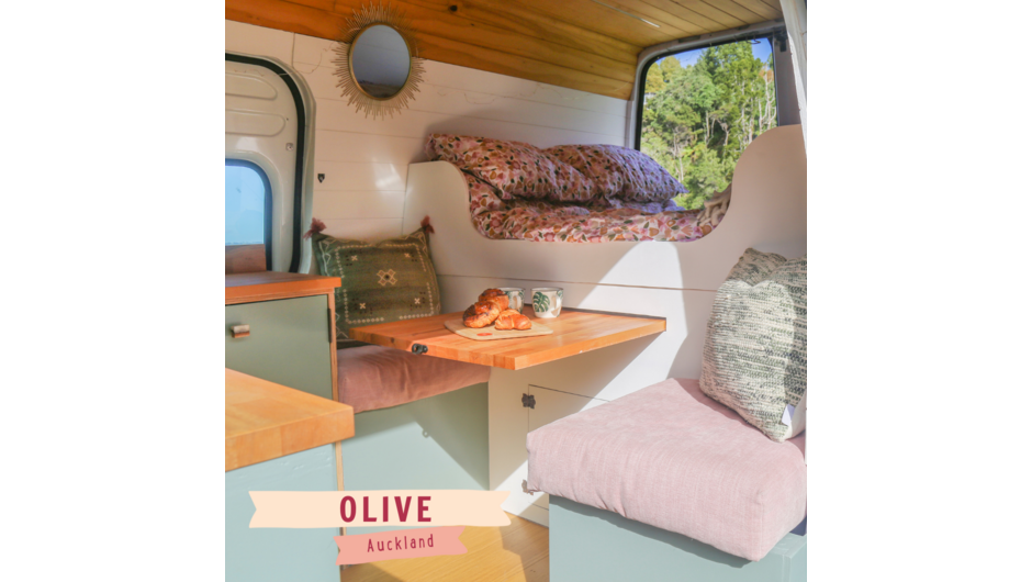 Olive is a lovely campervan that, despite the beautiful New Zealand scenery outside, you might struggle to leave. The feature back splash tiles complement the soft and relaxing colours of the cabinetry, upholstery and bedding creating a dreamy space. Comb