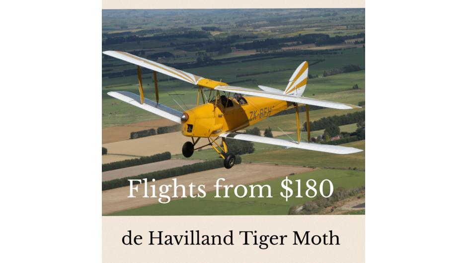 Scenic flights are available in the de Havilland Biplane.  Simply contact us for more details or to make a booking.  Aerobatics may be available.