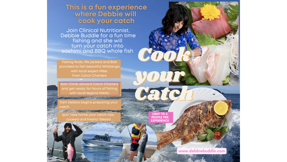 Cook Your Catch is an exciting experience food and fishing experience within the beautiful Mercury Islands in the Coromandel.  Bought to you by clinical nutritionist, Debbie Buddle and fishing legend, Mike from Catch Charters where your catch is prepared 