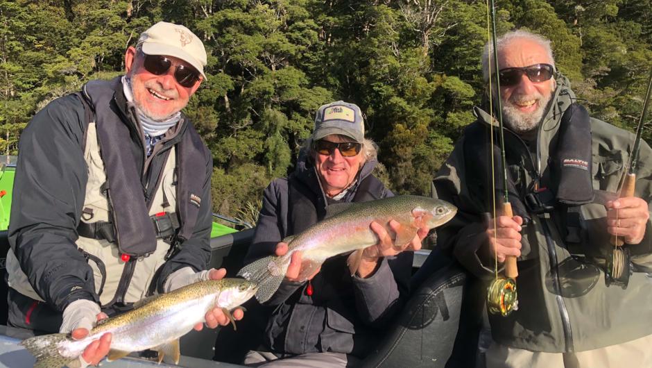 Double hook up on the Waiau for fly fisherman, Ralph and Kevin with head guide Ken Mitchell