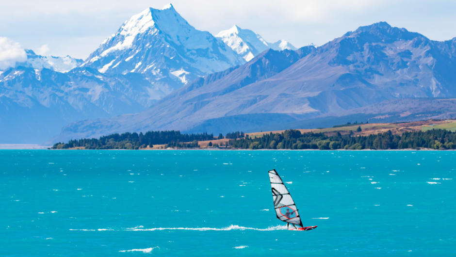 Windsurfing Lake Pukaki with Aoraki / Mount Cook in the background